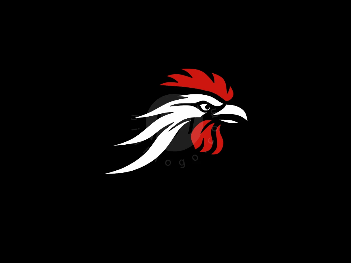 Modern Style Rooster Head Logo, Rooster head in profile showcases sharp white swooshes, a fiery red comb, and wattle against black.