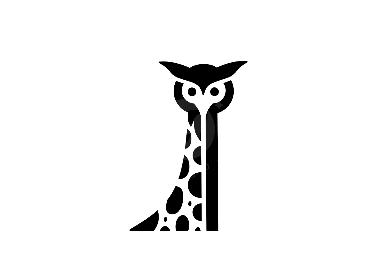 Creative Owl Giraffe Logo, Geometric black silhouette merges an owl head with a spotted giraffe neck against a clean white backdrop.