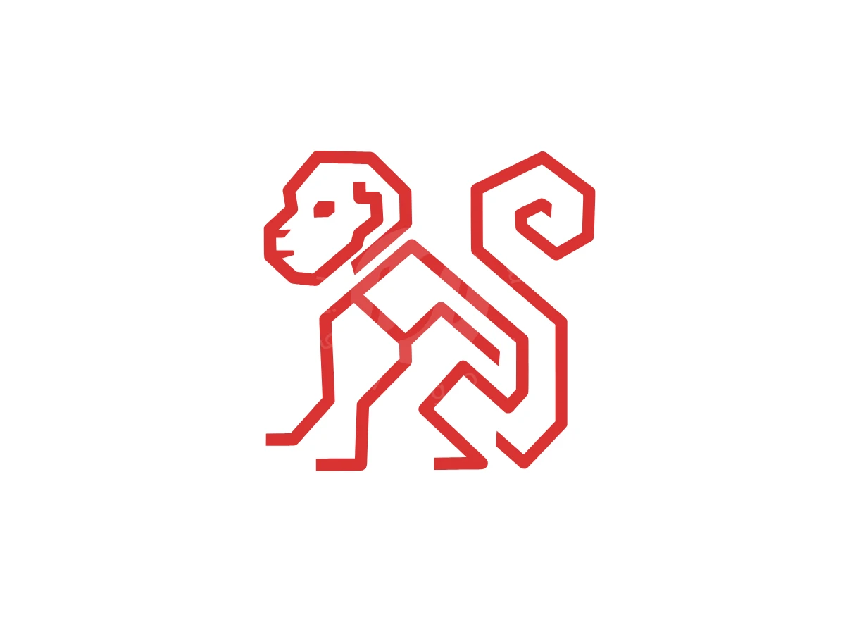Stylized Geometric Monkey Logo, Red geometric lines form an angular monkey silhouette featuring a spiraled tail set against a plain white background.
