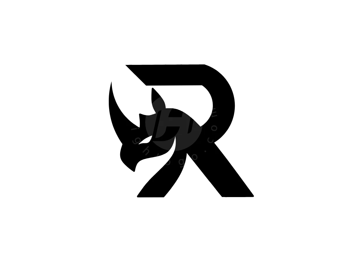 Stylized Letter R Rhino Logo, Rhinoceros head silhouette with a sharp horn seamlessly merges into a bold black capital letter R against white.