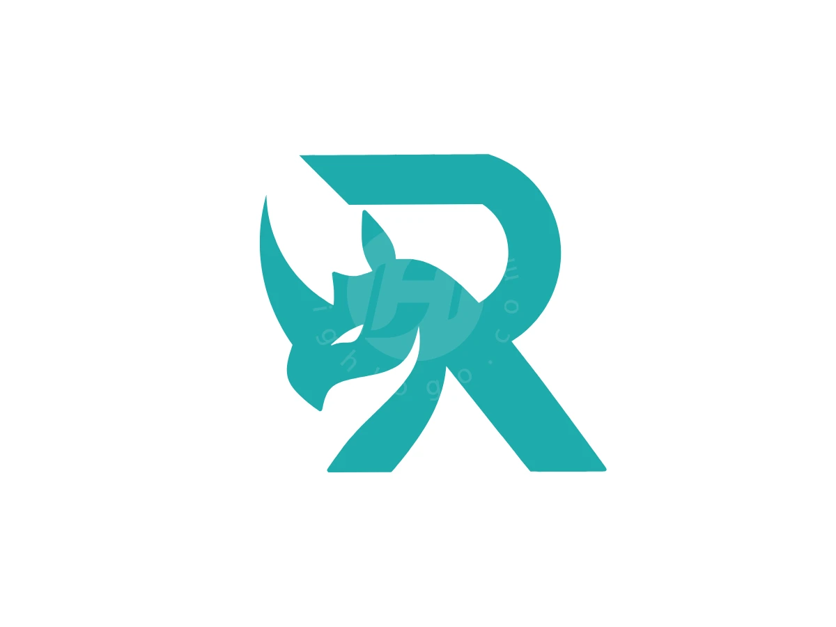 Stylized Letter R Rhino Logo, Shaped as a capital letter R, teal geometric curves form a stylized rhinoceros head against a white background.