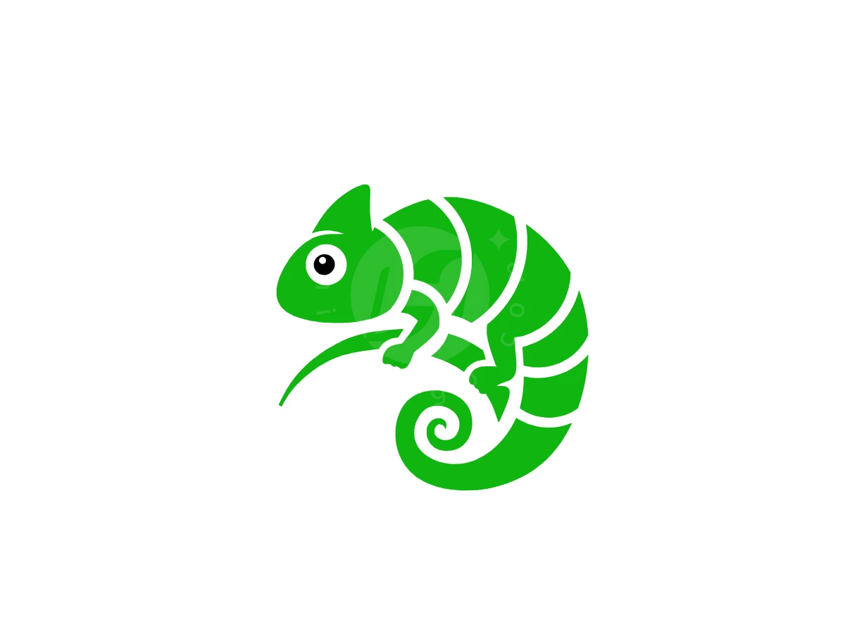 Simple Green Chameleon Logo, Chameleon vector art in bright green displays a segmented body, large eye, and spiral tail on white.