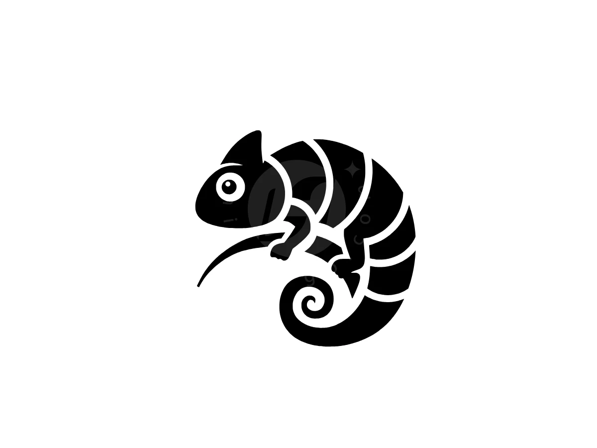 Simple Green Chameleon Logo, Black striped chameleon perches on a curved branch with a spiraled tail against a plain white background.