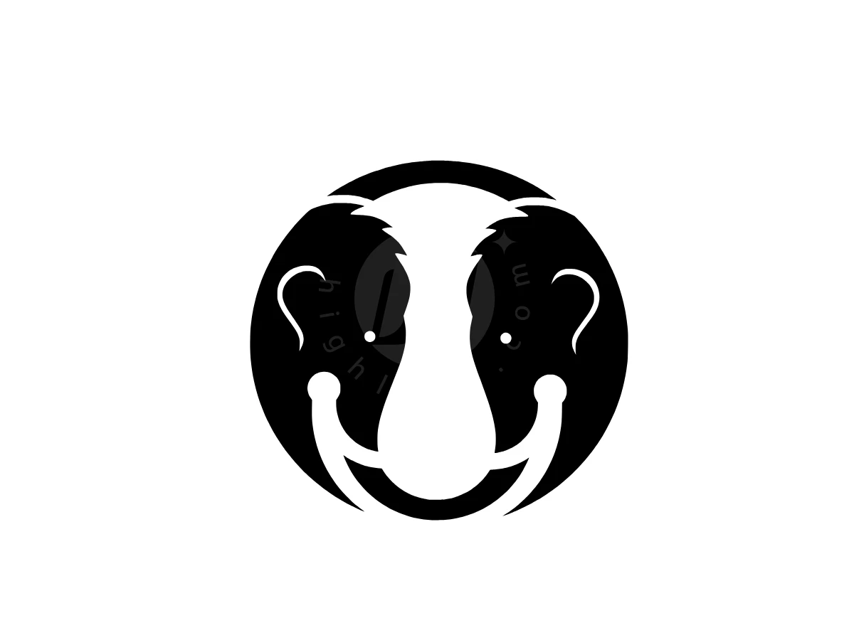 Minimalist Elephant Circle Logo, Black and white negative space graphic depicts a stylized badger head enclosed within a bold circular emblem.