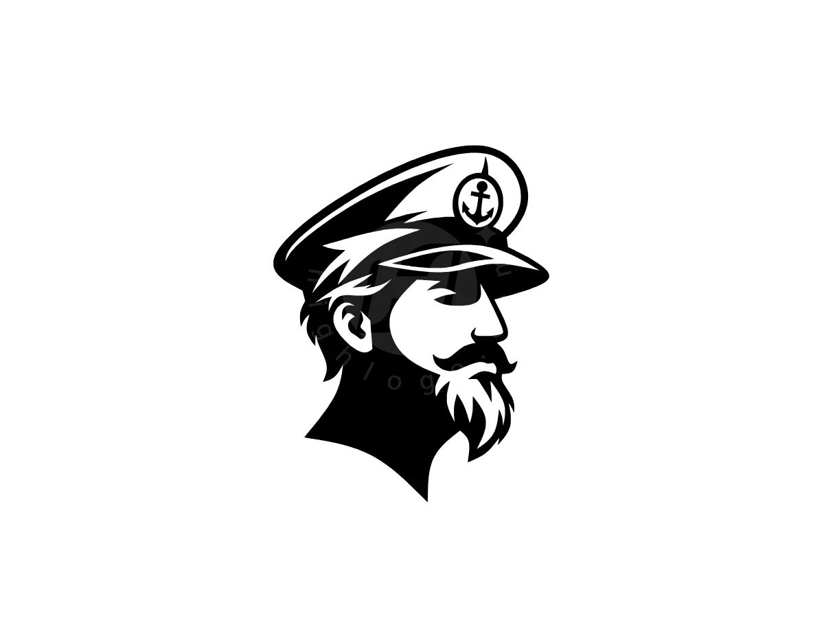 Sailor Captain Logo, Depicted in monochrome, a bearded sea captain wears an officer hat featuring a circular anchor emblem in profile.