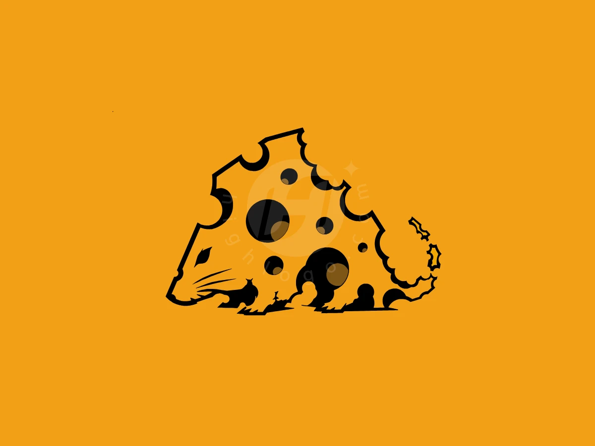 Creative Mouse Cheese Logo, Combining a mouse silhouette with Swiss cheese holes, this black graphic rests centered on a solid yellow-orange background.