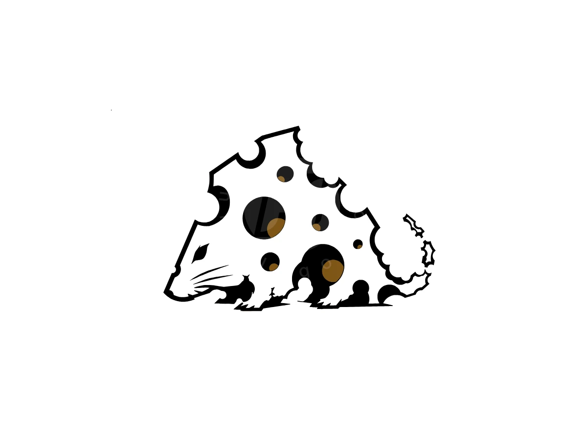 Creative Mouse Cheese Logo, Swiss cheese holes cleverly blend into a mouse silhouette, rendered in sharp black outlines with brown accents.