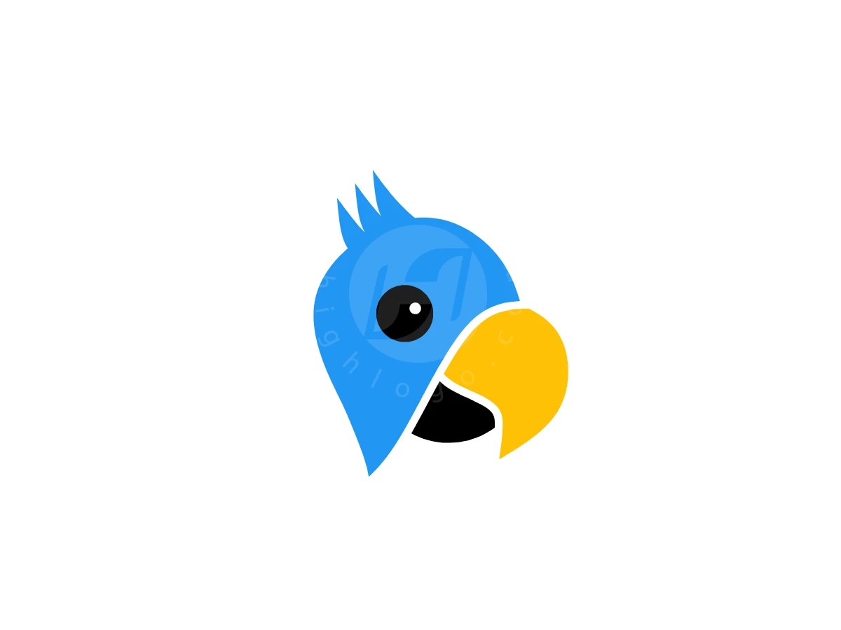Parrot Chat Bubble Logo, Set on white, a stylized blue bird head features three spiky crests, glossy black eye, and curved yellow beak.