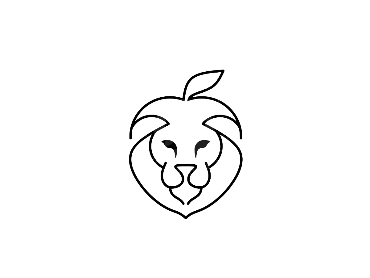 Lemon Lion Line Art Logo, Drawn in black outlines, a stylized lion head features a leaf atop its mane against a white background.