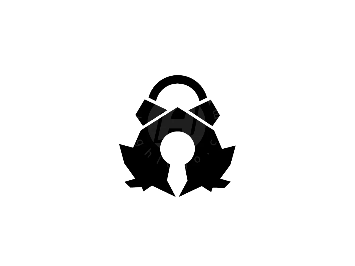 Minimalist Geometric Padlock Frog Logo, Padlock contours blend with jagged leaf silhouettes around a negative space keyhole in black on a white background.