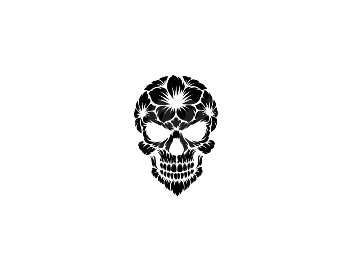 Skull Flower Artistic Logo, Formed from black floral petals and intricate leaves, a detailed skull illustration sits centered on a white background.
