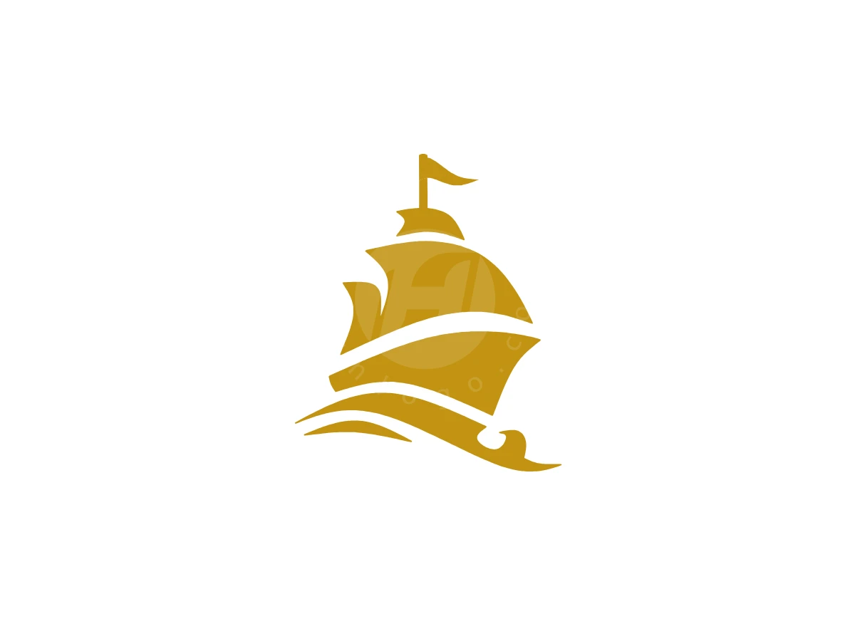 Minimalist Sailing Ship Logo, Shaped from smooth golden swooshes, a stylized sailboat rides ocean waves against a plain white background.