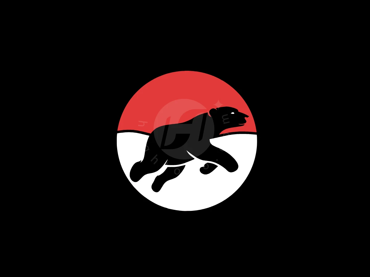 Swimming Polar Bear Logo, Set against black, a running black bear silhouette leaps across a circular badge divided into red and white.