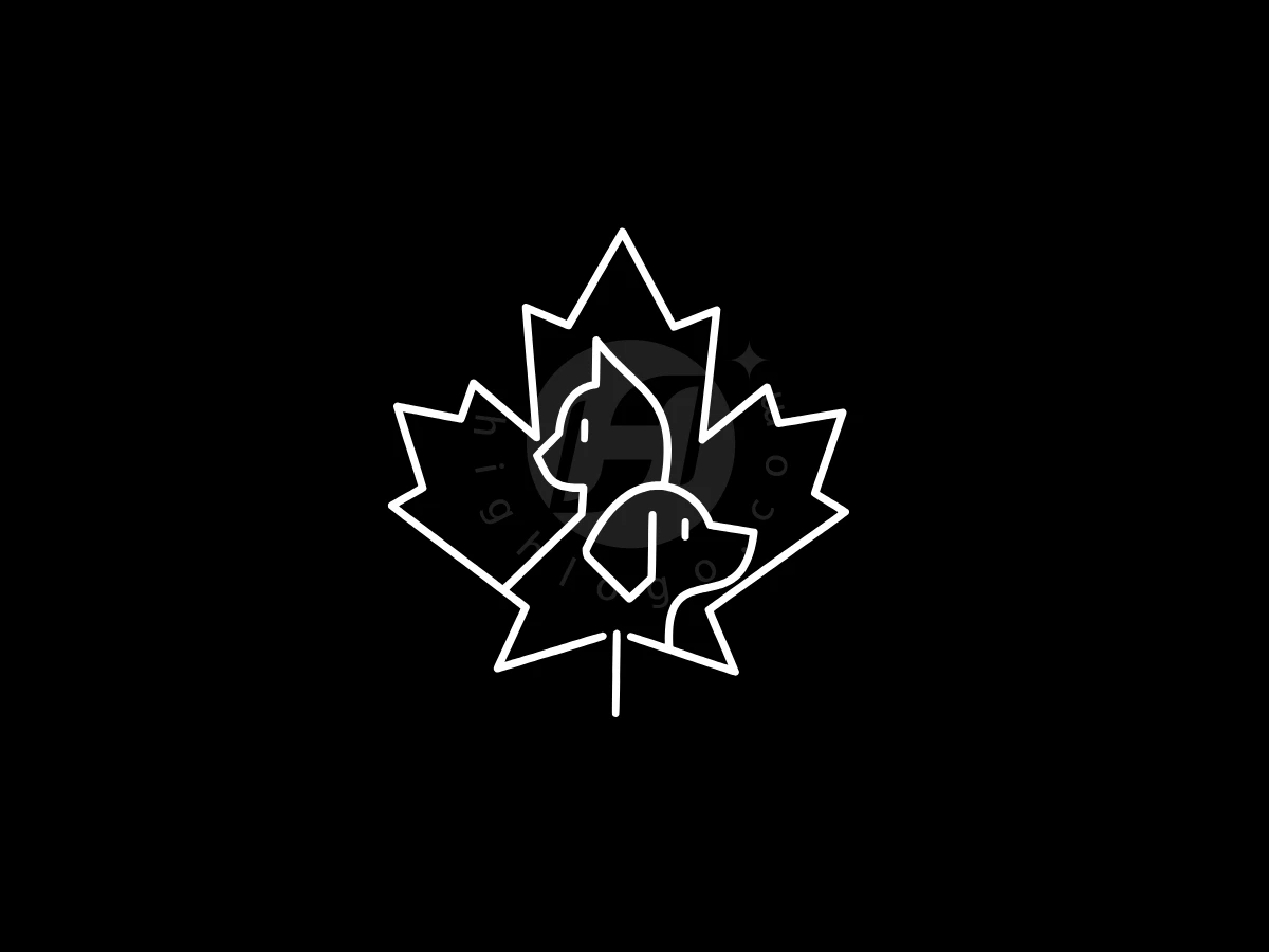 Maple Leaf Cat Dog Logo, White line art forms a maple leaf containing stylized cat and dog silhouettes on a solid black background.