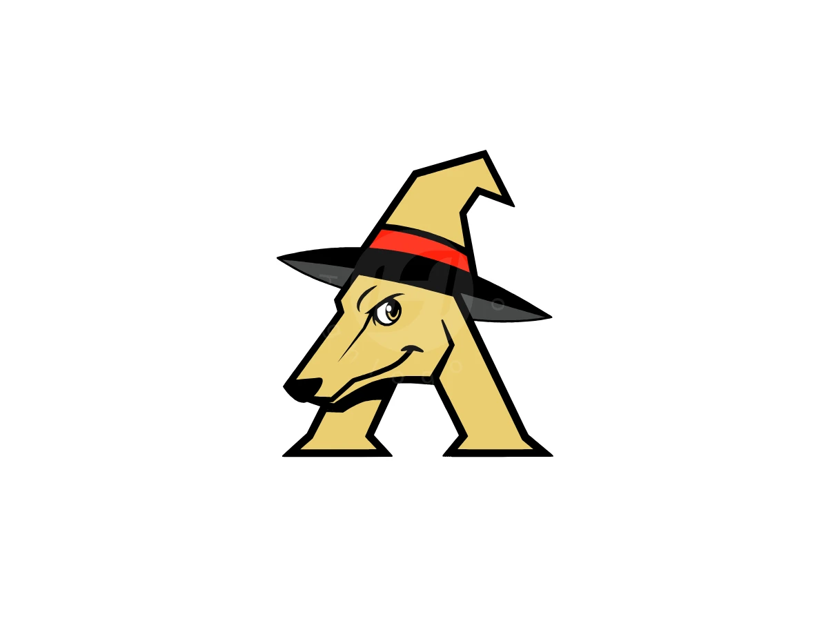 Antelope Style Letter A Logo, Stylized beige letter "A" creatively blends a fox face wearing a black witch hat with a red band.
