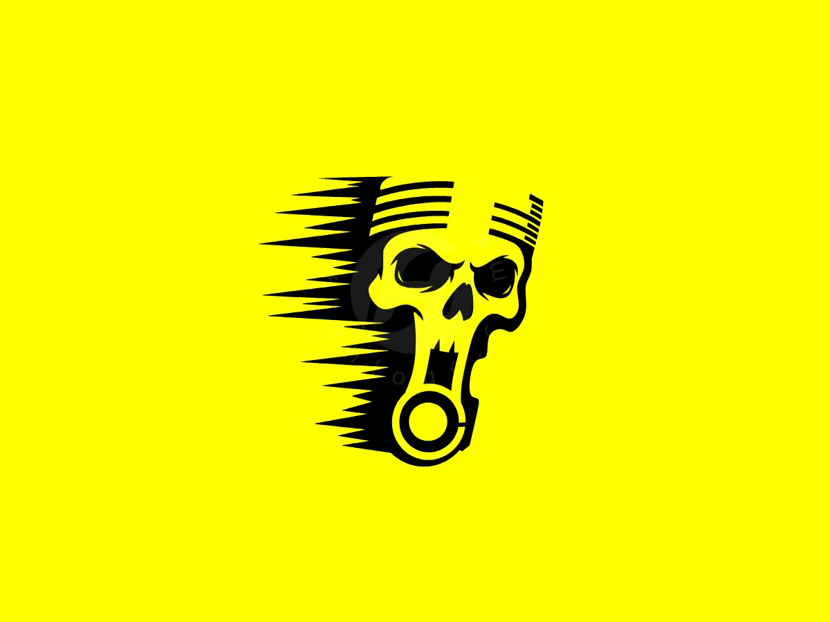 Skull Piston Energy Performance Logo, Speed lines trail behind a black skull-shaped engine piston centered on a vibrant solid yellow background.