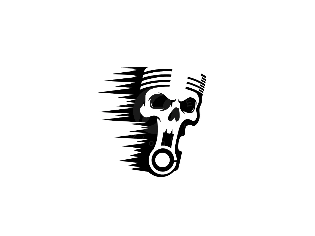Skull Piston Energy Performance Logo, Black graphic illustration merges an engine piston with an aggressive skull featuring sharp horizontal motion lines on white.