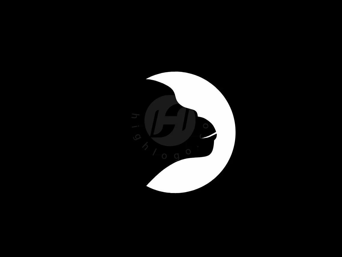 Monkey Face Shadow Logo Under Moonlight, White crescent-like curve forms a smiling lizard head silhouette in negative space on a solid black background.