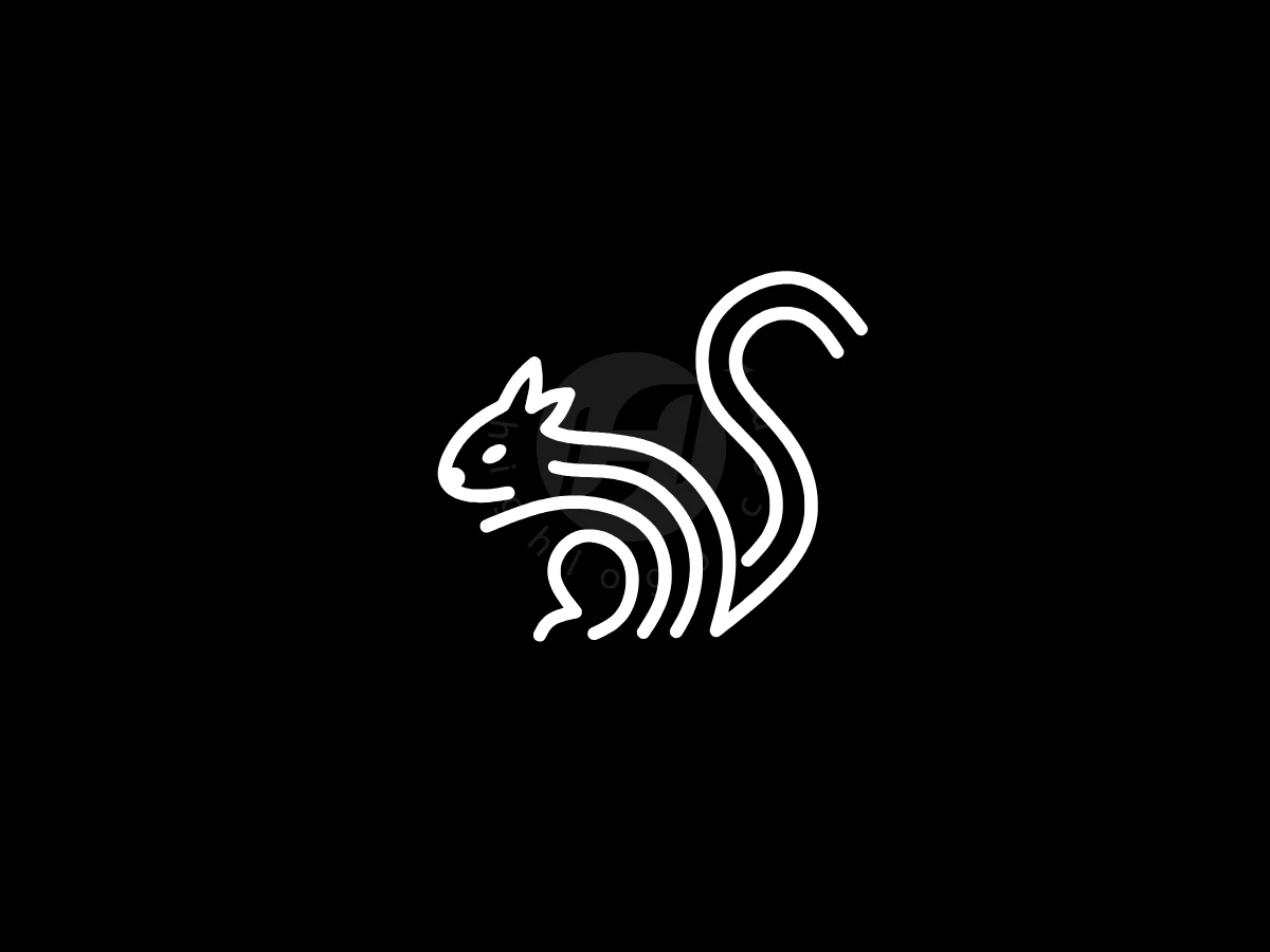 Line Art Logo Of A Sitting Squirrel, Flowing white lines form a stylized squirrel with an arched tail against a solid black background.