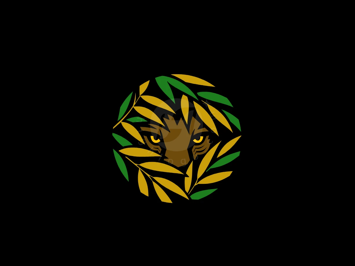 Logo Of A Lion In The Jungle Lurking Behind The Leaves, Glowing yellow tiger eyes peer through circular green and gold leaves centered on a solid black background.