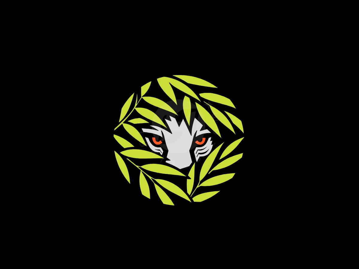 Logo Of A Lion In The Jungle Lurking Behind The Leaves, Bright lime green leaves encircle a stylized tiger face with glowing orange-red eyes on a black background.