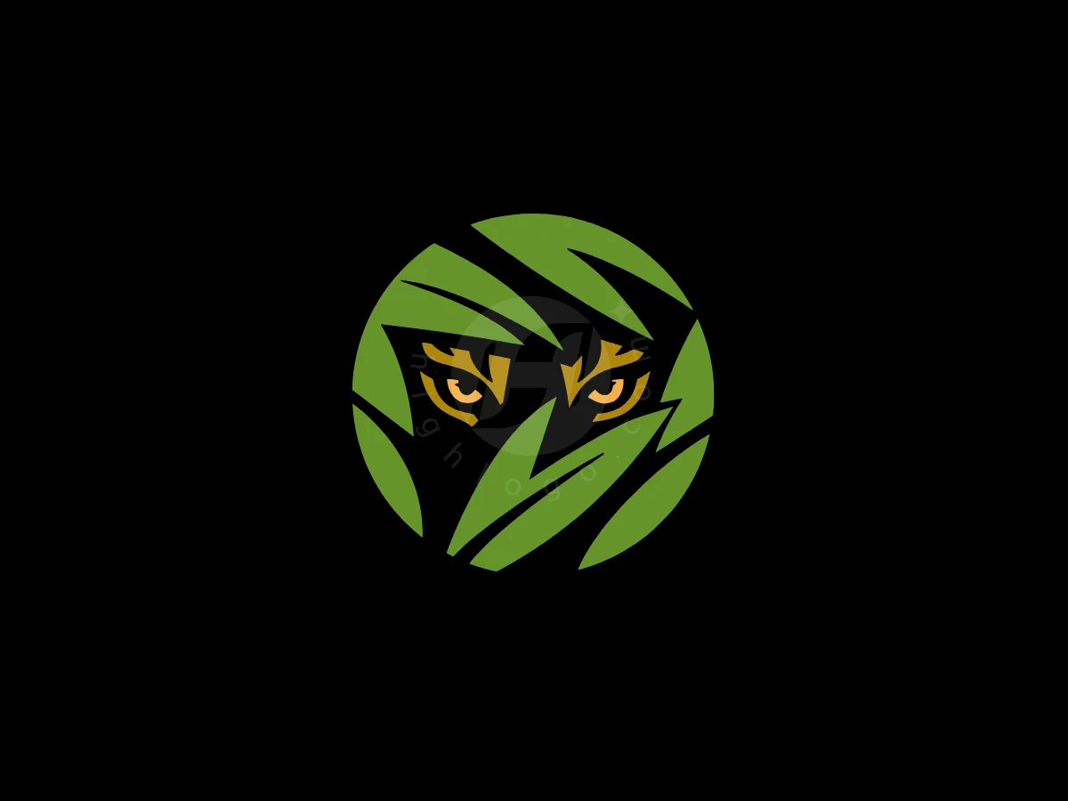 Logo Circle Tiger Eyes Lurking Minimalist, Peering through circular green jungle leaves, sharp yellow tiger eyes emerge boldly against a solid black background.