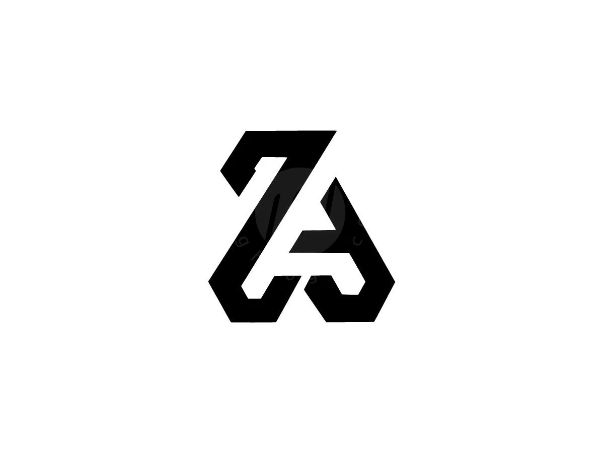 Geometric Monogram Za Or Az Letter Logo, Interlocking black geometric bands combine the letters Z and A with sharp angles on a stark white background.