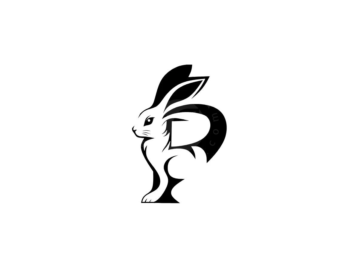 Creative Rabbit Letter P Logo, Black flowing lines form an alert rabbit silhouette integrated into curved letterforms against a solid white background.