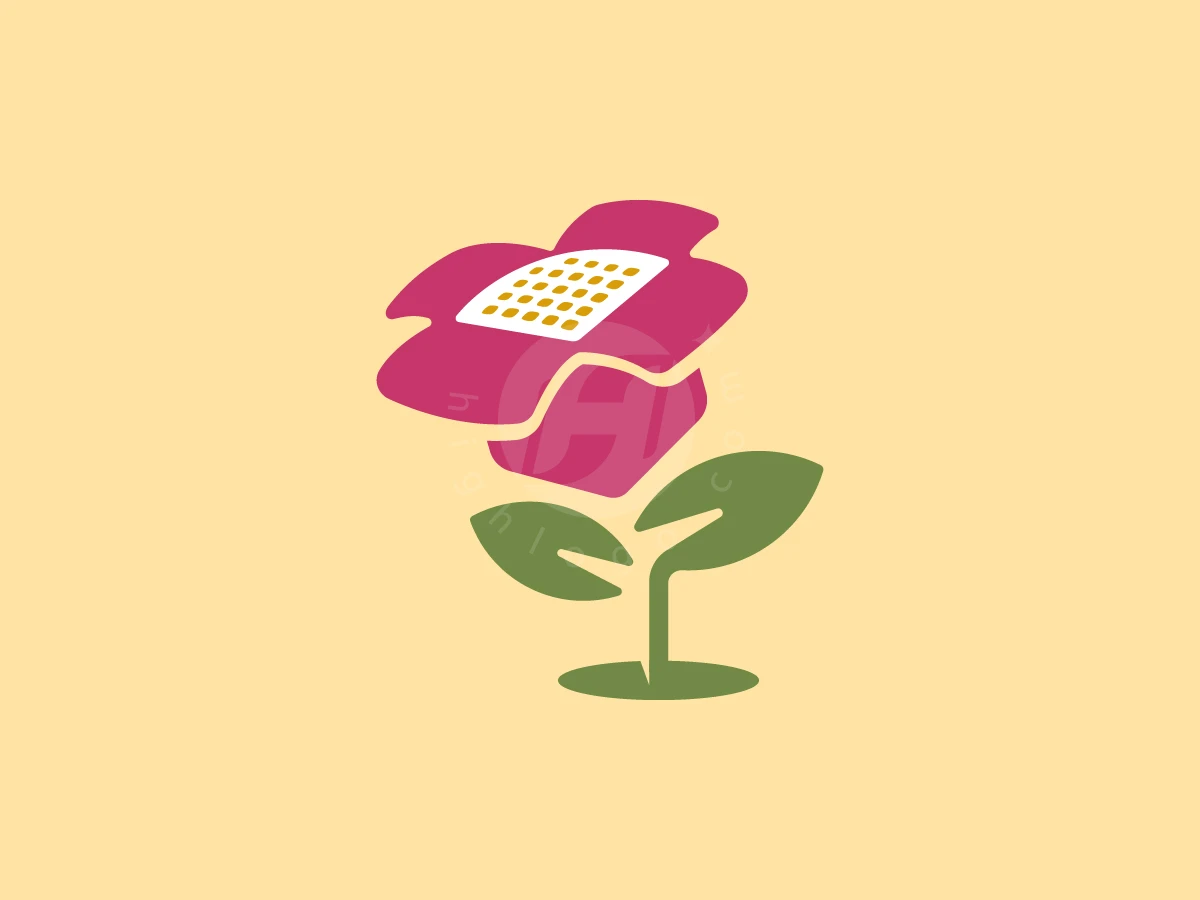 Petals in magenta and green foliage compose the Box Flower Bloom logo, featuring a grid-patterned center on a yellow background.
