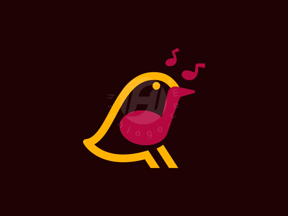 Notes in magenta form a singing bird silhouette within a yellow outline in this creative logo.