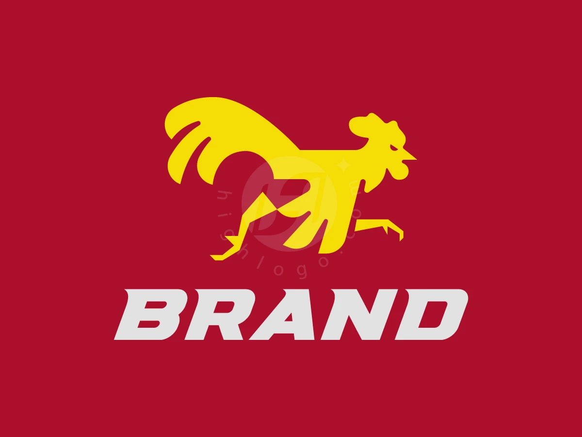 Against a red backdrop, a yellow running rooster logo sits above bold white BRAND text.