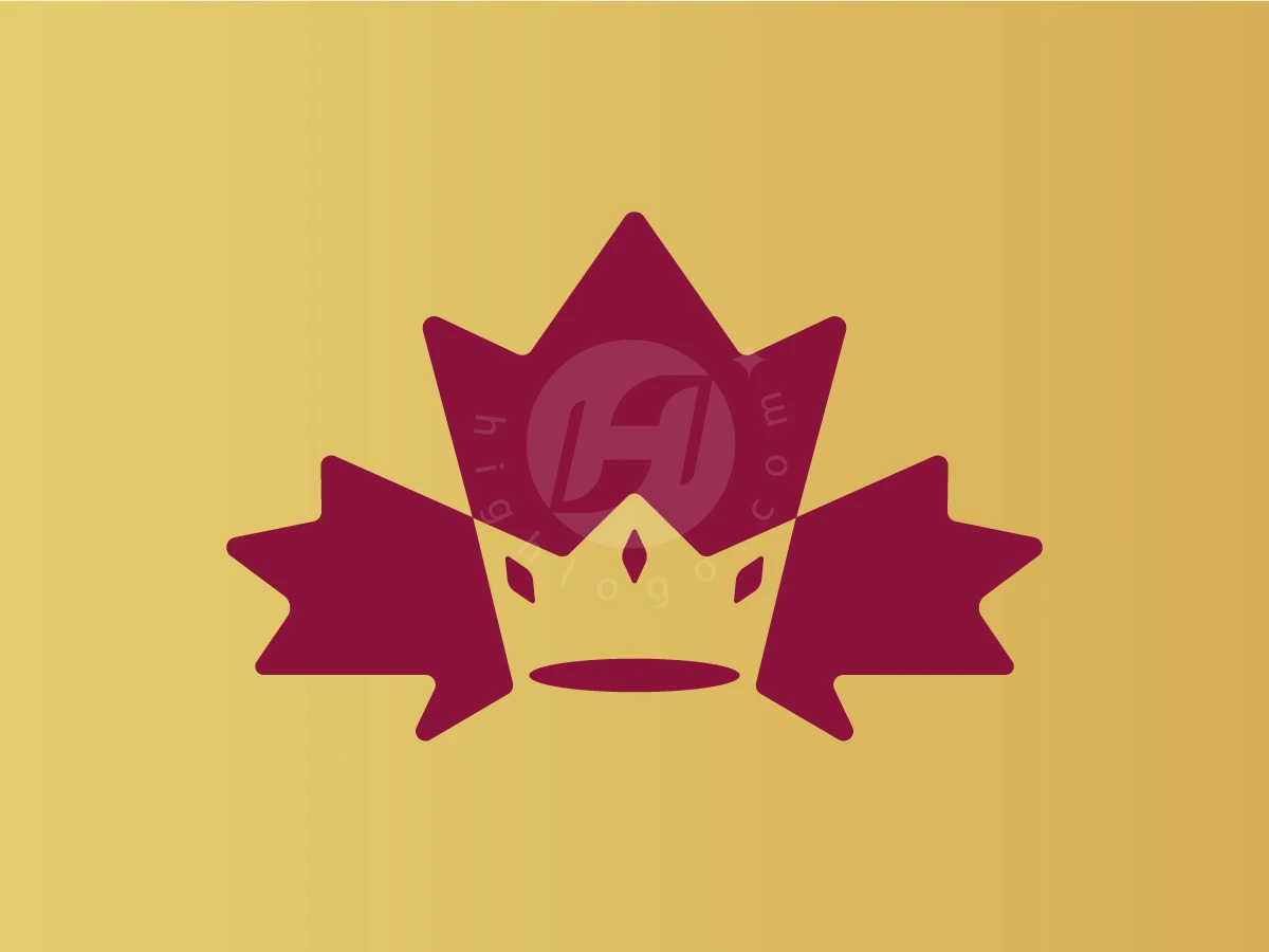 Combining a golden crown and burgundy maple leaf, this Royal Maple Crown logo sits on a yellow-gold background.