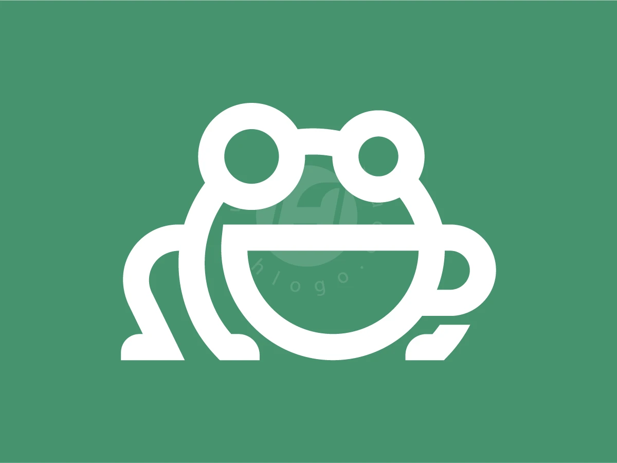 Frog and coffee cup shapes merge into a white line art logo on a green background.