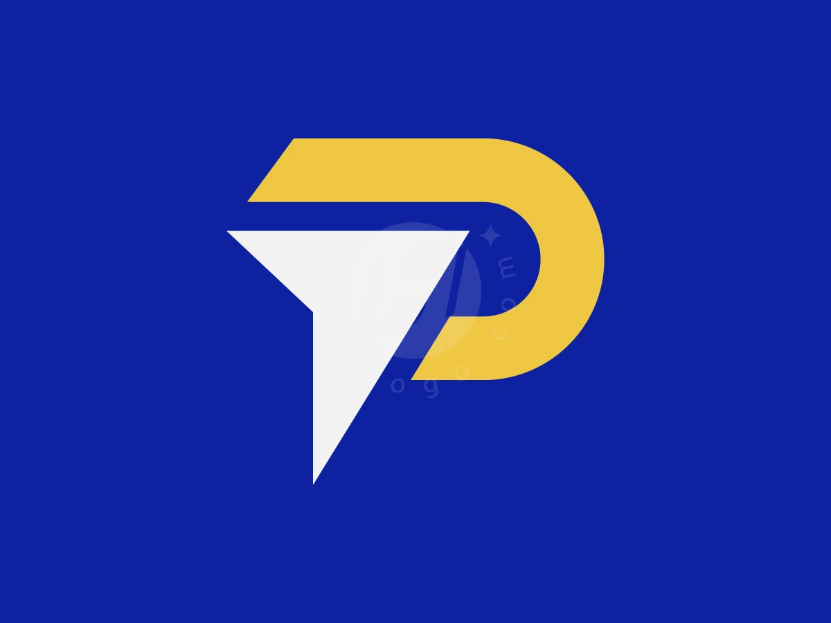 Against a blue backdrop, a white arrow and yellow curve form this letter P arrow logistics logo.