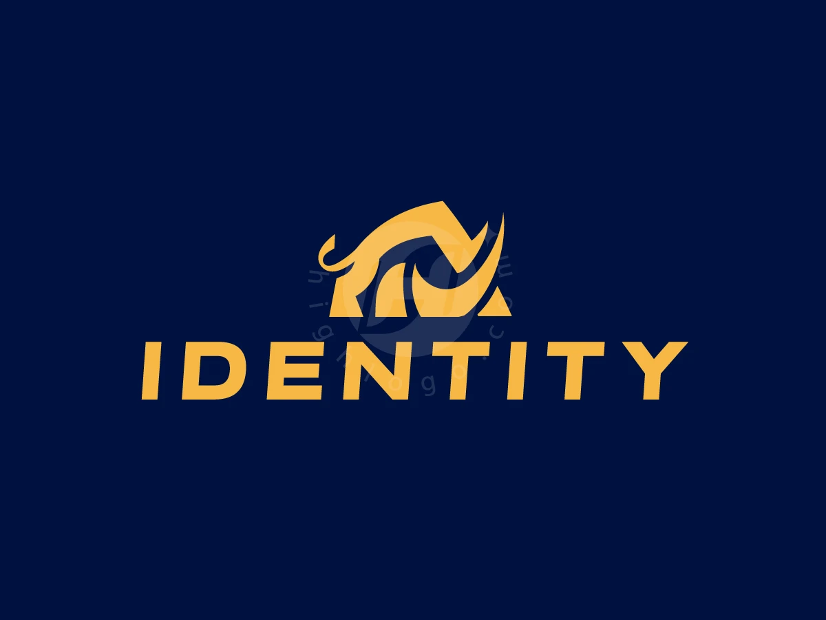 Bold yellow IDENTITY text sits below a stylized rhino icon in this minimalist strength logo on navy blue.