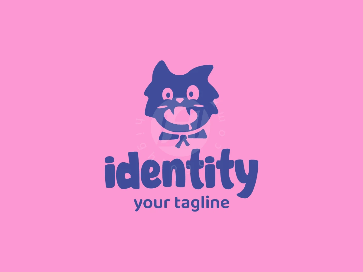 Featuring a hungry purple cat mascot with a bowtie, this logo uses rounded typography on a pink background.