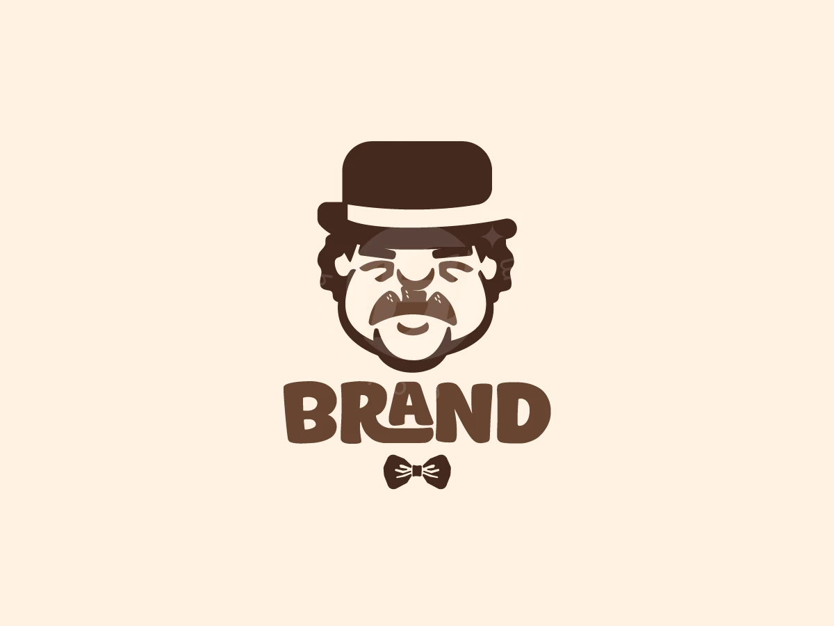 Bread Mustache Baker Logo, Man in a bowler hat with a mustache sits above bold brown typography and a bowtie on cream.