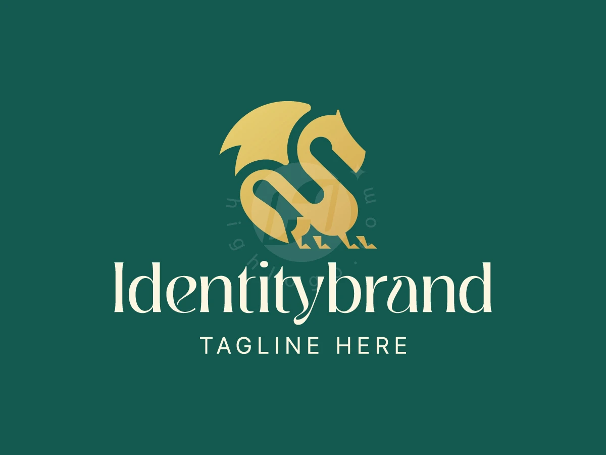 Luxury Golden Dragon Logo, Golden dragon emblem sits above cream serif typography and matching tagline text against a dark green backdrop.