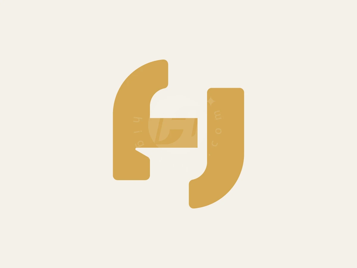 Letter H Hammer Construction Logo, Interlocking mustard-yellow shapes form a bold, rounded monogram centered on a smooth, off-white background.