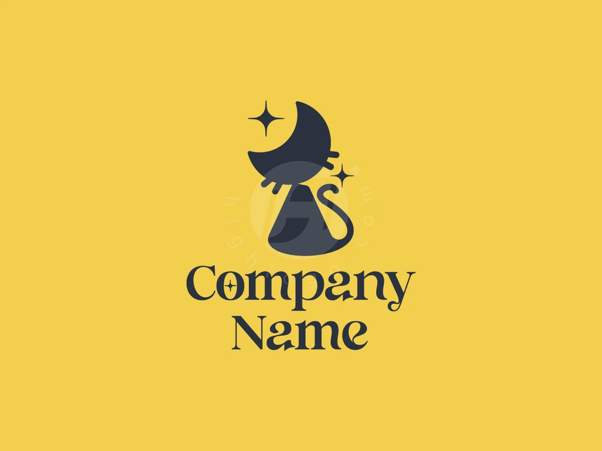 Crescent Moon Cat Logo, Stars twinkle beside a dark blue cat with a crescent moon head above serif typography on a yellow background.