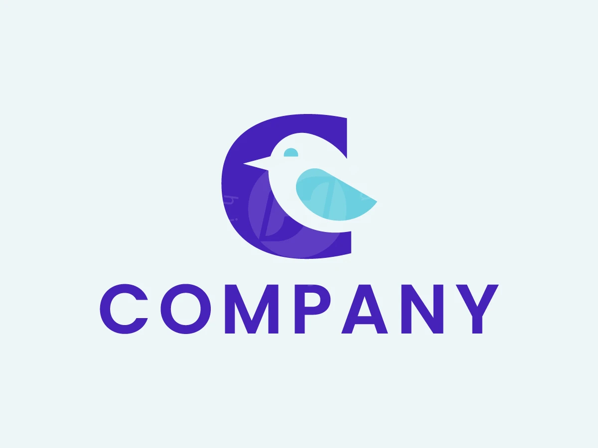 Letter C Bird Logo, Purple letter 'C' forming a white bird with a light blue wing sits above bold purple sans-serif text.