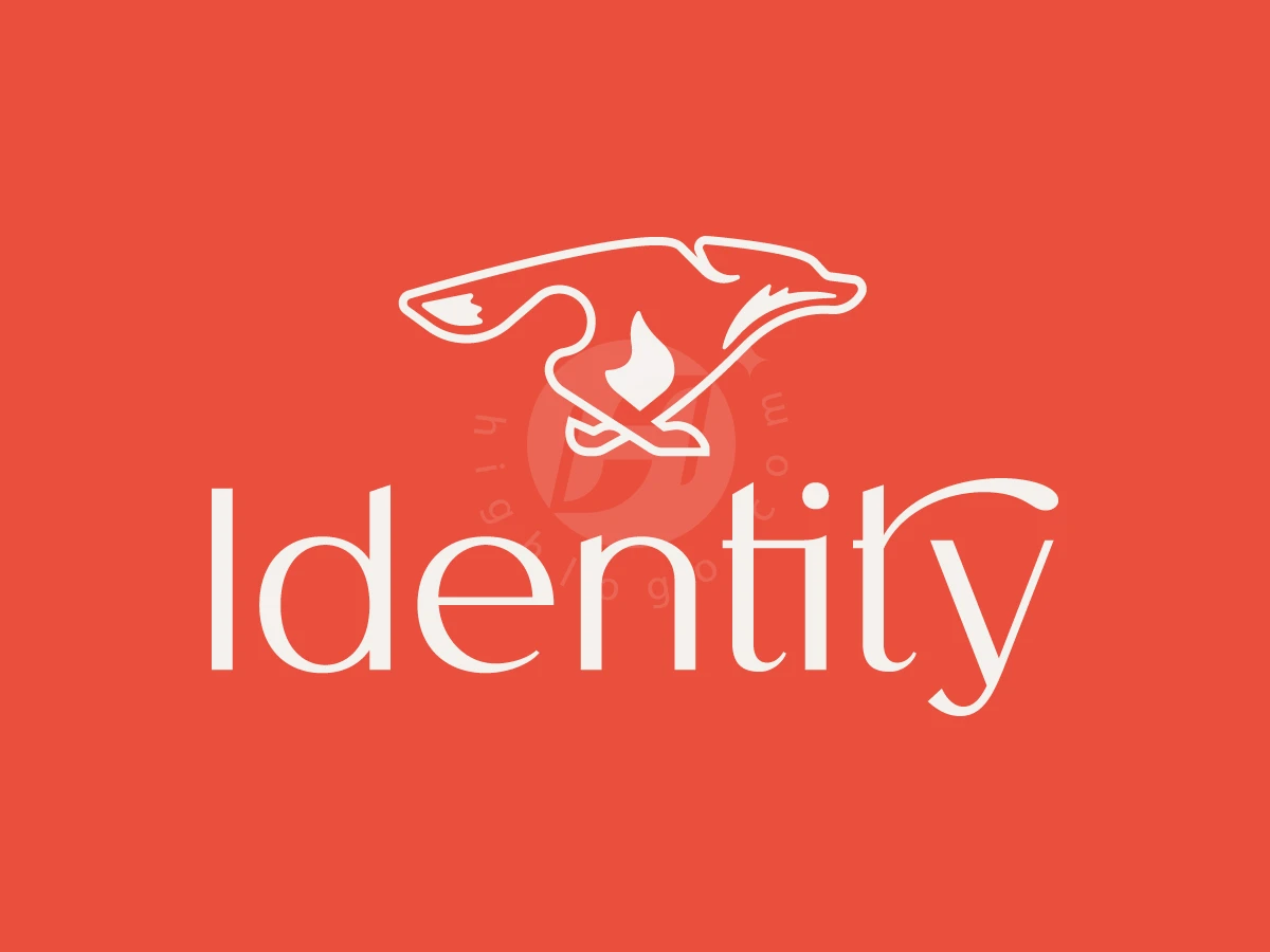 Dynamic Flame Fox Logo, Under a white stylized running fox outline, the word "Identity" is written in elegant serif typography on coral-red.