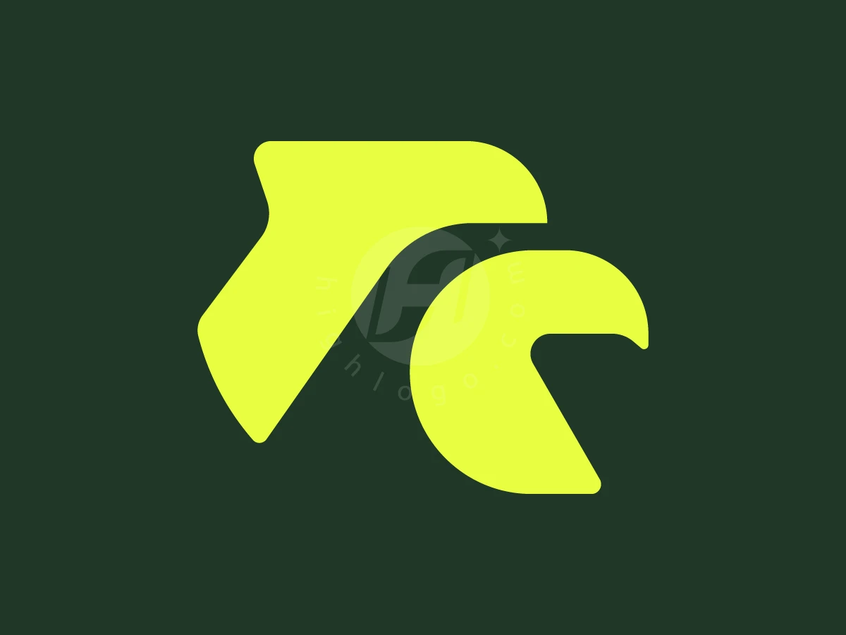 Minimalist Eagle Head Logo, Two abstract lime-yellow curved elements resembling stylized letters "r" and "c" sit against a dark green backdrop.