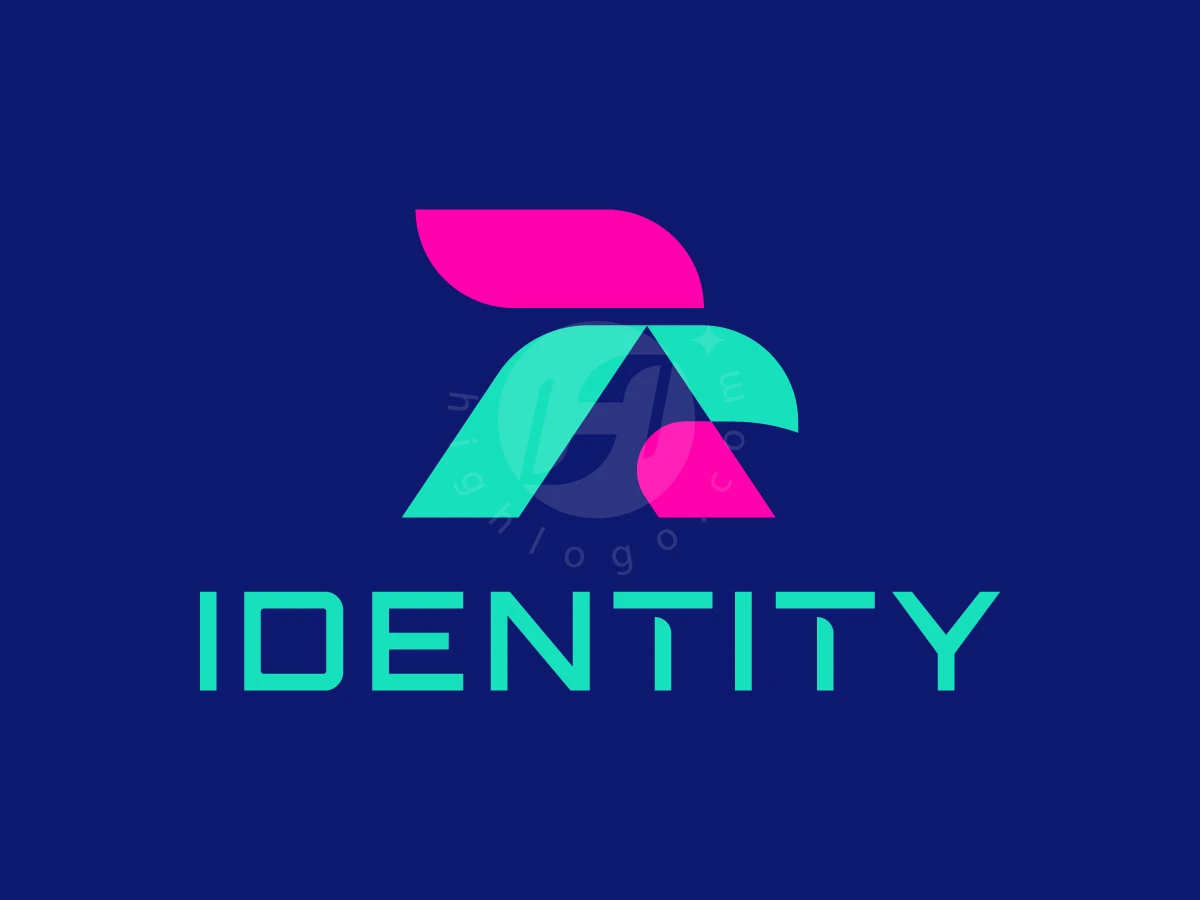 Abstract Rooster Tech Logo, Pink and teal geometric curves construct a stylized eagle head over futuristic turquoise "IDENTITY" typography against dark blue.