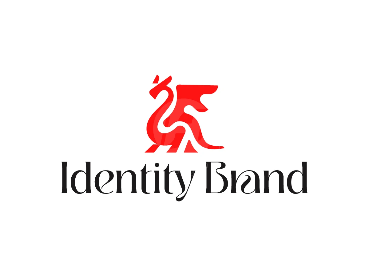 Modern Heraldic Dragon Logo, Stylized red dragon emblem sits above elegant black serif typography spelling "Identity Brand" on a white background.