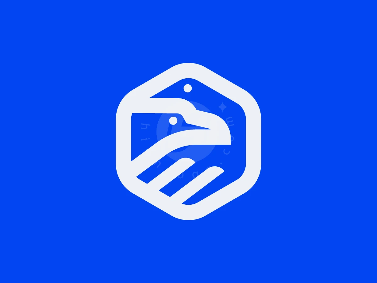 Bird Partnership Logo, Stylized white eagle head inside a hexagonal frame is centered on a vibrant solid blue background.