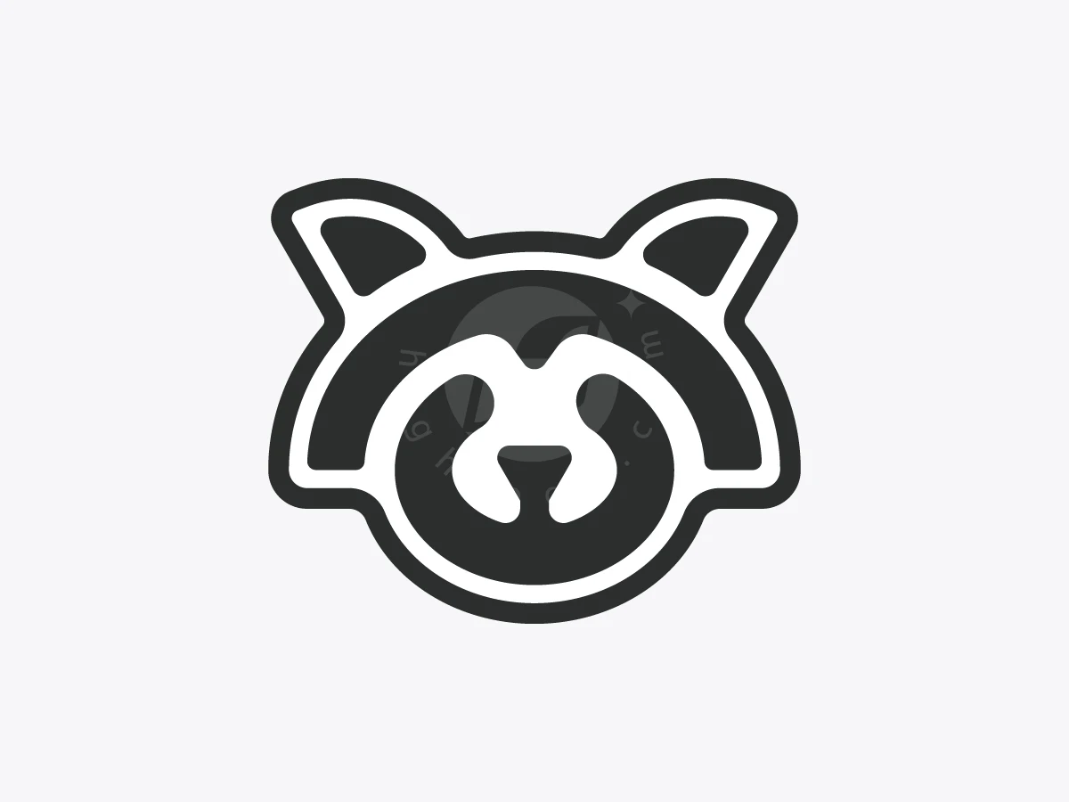 Minimalist Raccoon Head Logo, Raccoon head graphic composed of bold black outlines and minimalist shapes is centered on a light gray background.