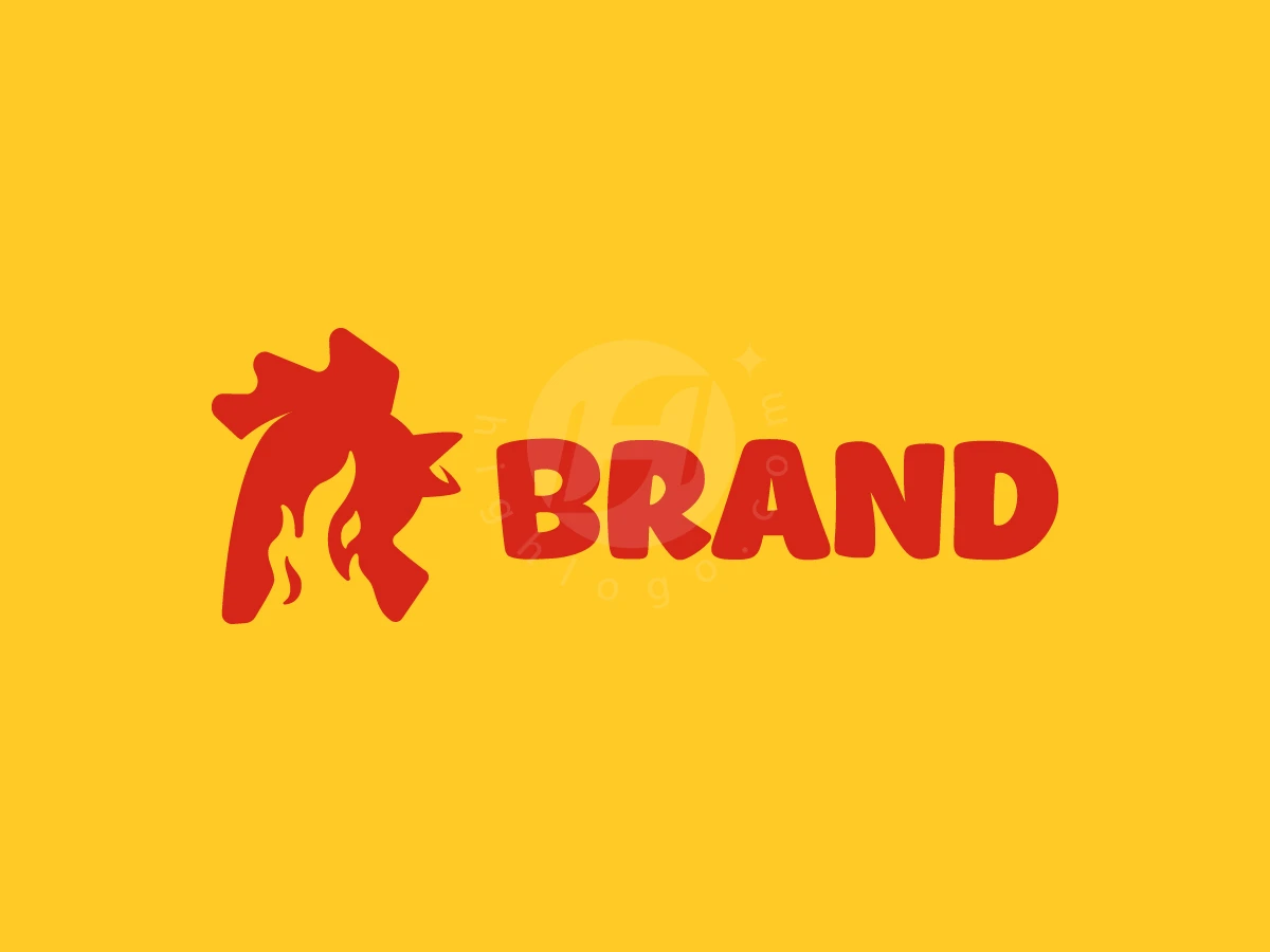 Letter R Rooster Roaster Logo, Red cartoonish rooster head and bold "BRAND" lettering contrast sharply against a solid bright yellow backdrop.