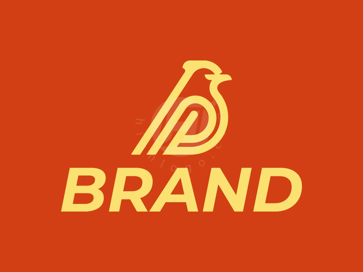 Letter P Pigeon Monogram Logo, Against a vibrant orange background, a yellow line-art bird icon sits above the bold text "BRAND".
