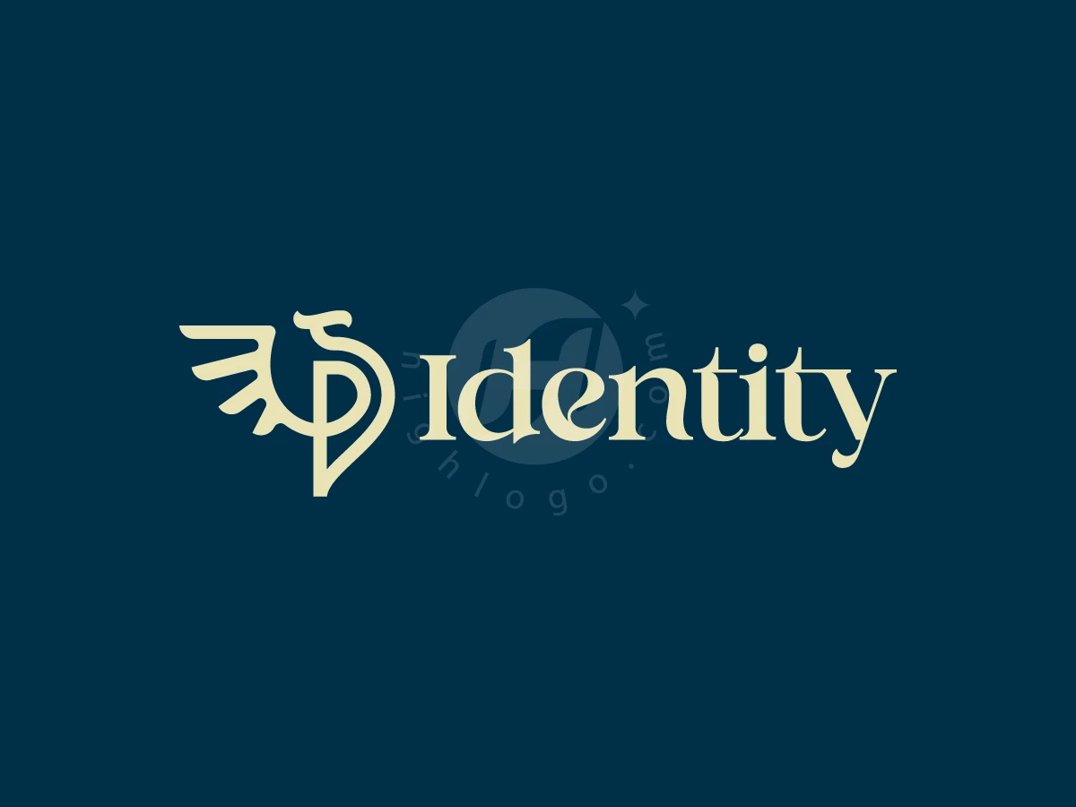Majestic Bird Crest Logo, Against a dark blue background, cream-colored serif lettering spelling "Identity" sits beside a stylized winged creature emblem.
